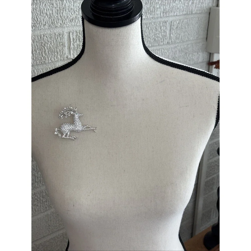 Vintage Nolan Miller Glamour Collection Crystal Pave Reindeer Pin Brooch Silver